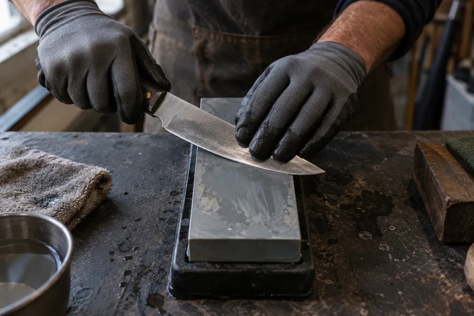 Gloved hands draw a plain knife across a wet bench stone seated in a black rubber holder, with a water bowl nearby.