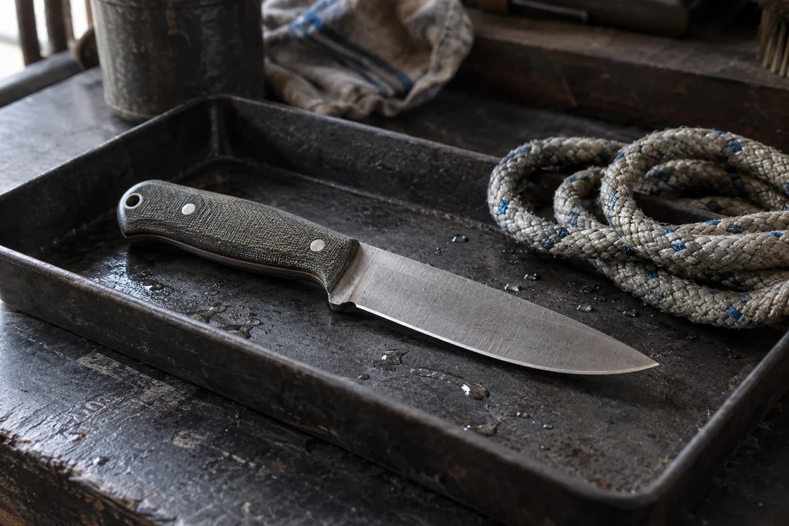 Fixed knife with a green micarta handle lies in a dark tray with water droplets, beside a coil of damp blue-flecked braided rope.