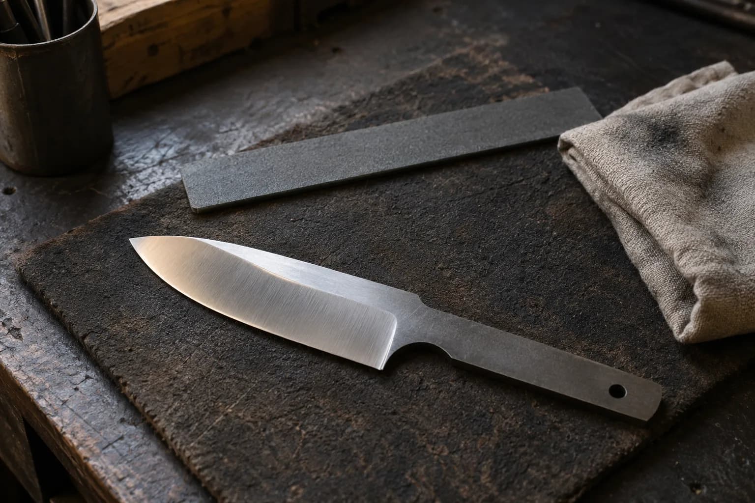 Satin-finished knife blank with a drilled tang lies on a dark bench pad beside a flat abrasive strip and a folded grey cloth.