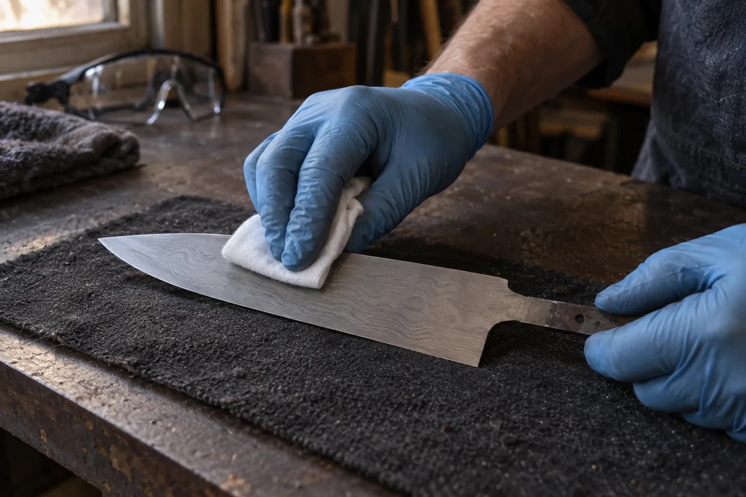 Blue nitrile-gloved hands wiping a sanded Damascus chef blade blank with a white pad on a dark mat before etching