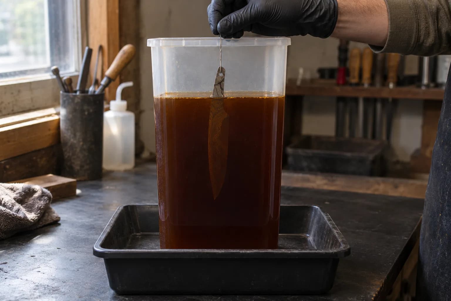 Gloved hand holding a wire that hangs a Damascus blade by its tang hole in a tall tub of dark brown etchant on a tray