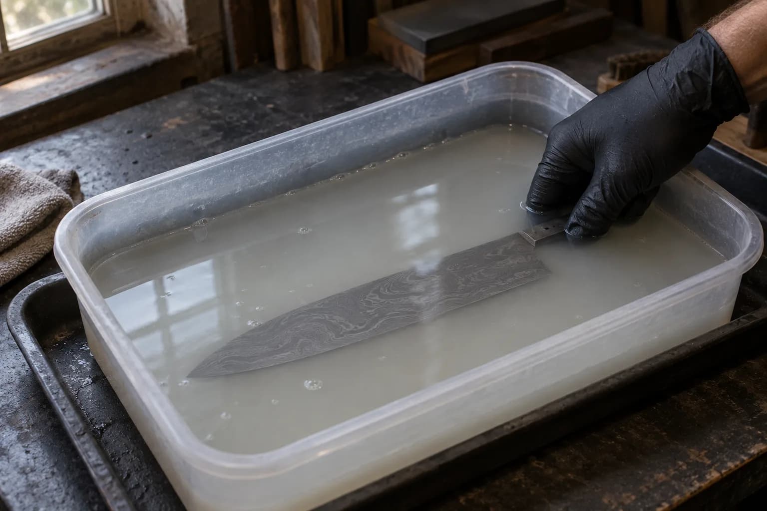 Gloved hand steadying an etched Damascus chef blade under cloudy baking-soda water in a plastic tub on a tray