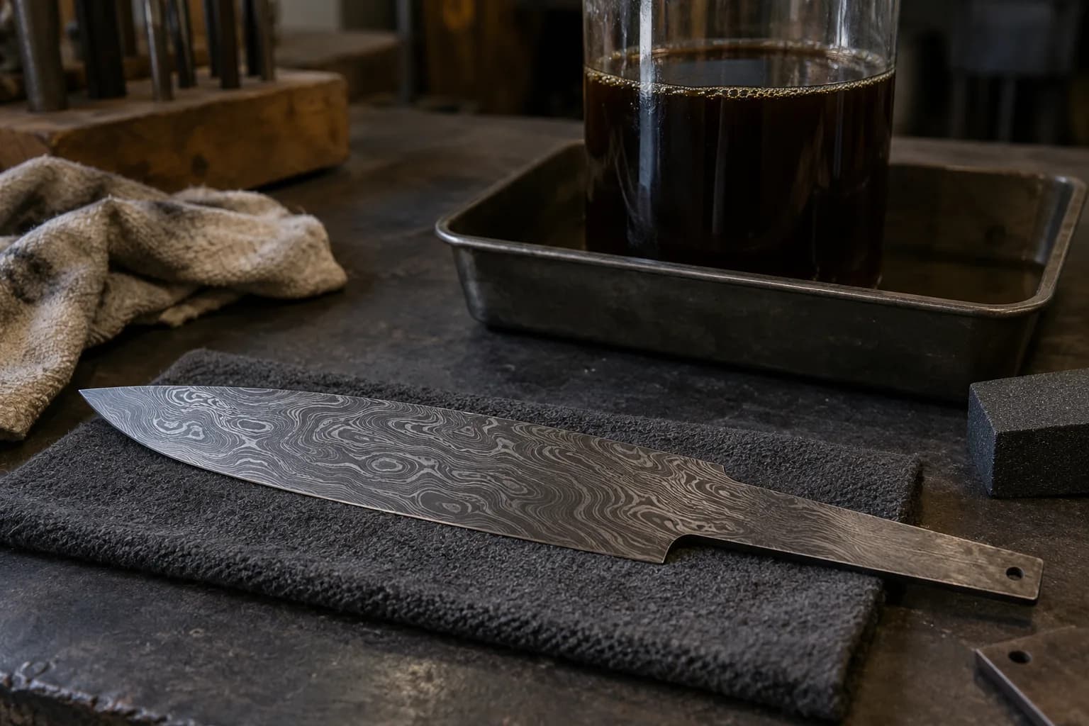 Coffee-darkened Damascus chef blade blank with bright silver layers on a dark pad, a glass vessel of coffee behind