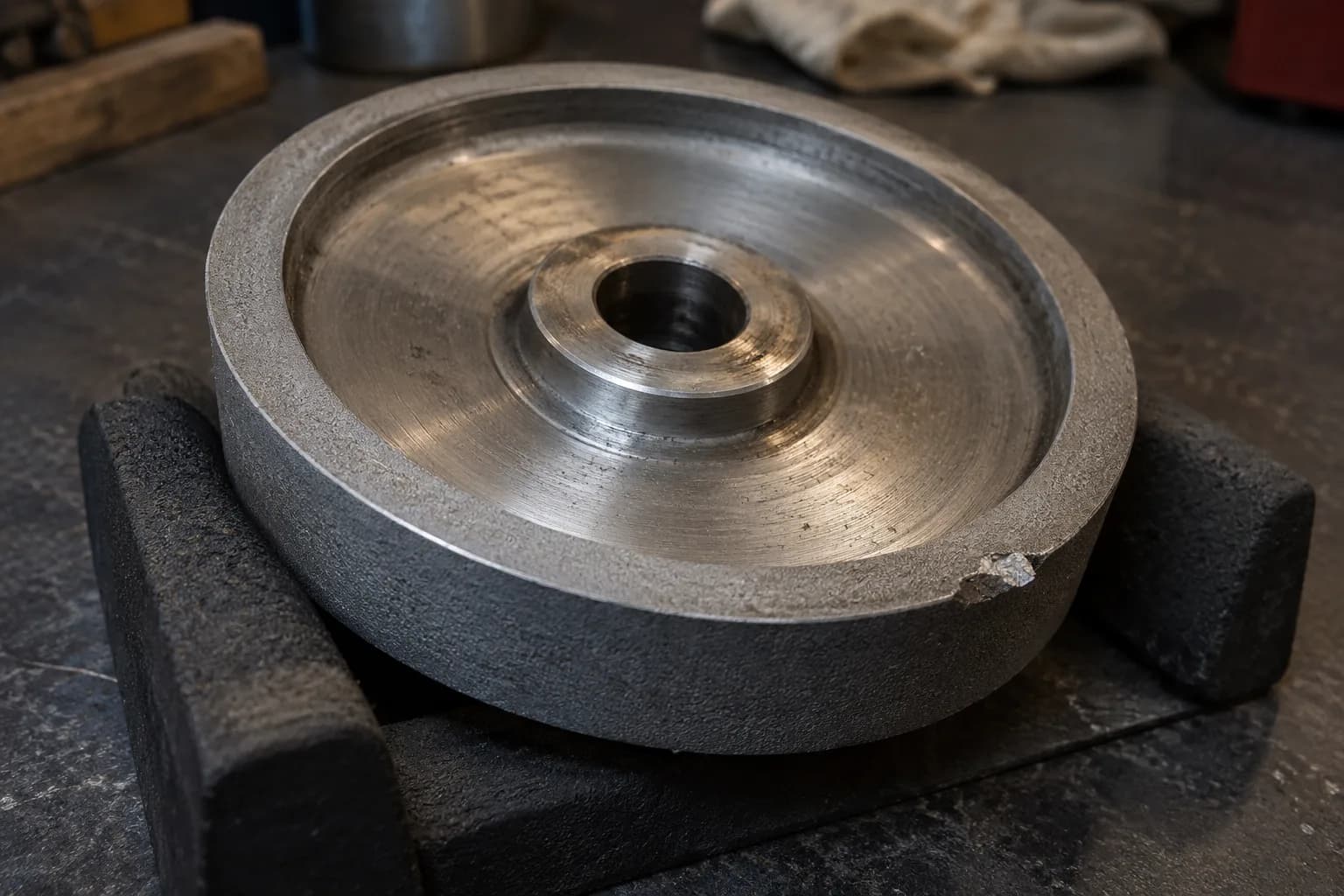 Removed metal grinder wheel with a small chip in its rim, resting in a dark foam cradle on a charcoal bench.
