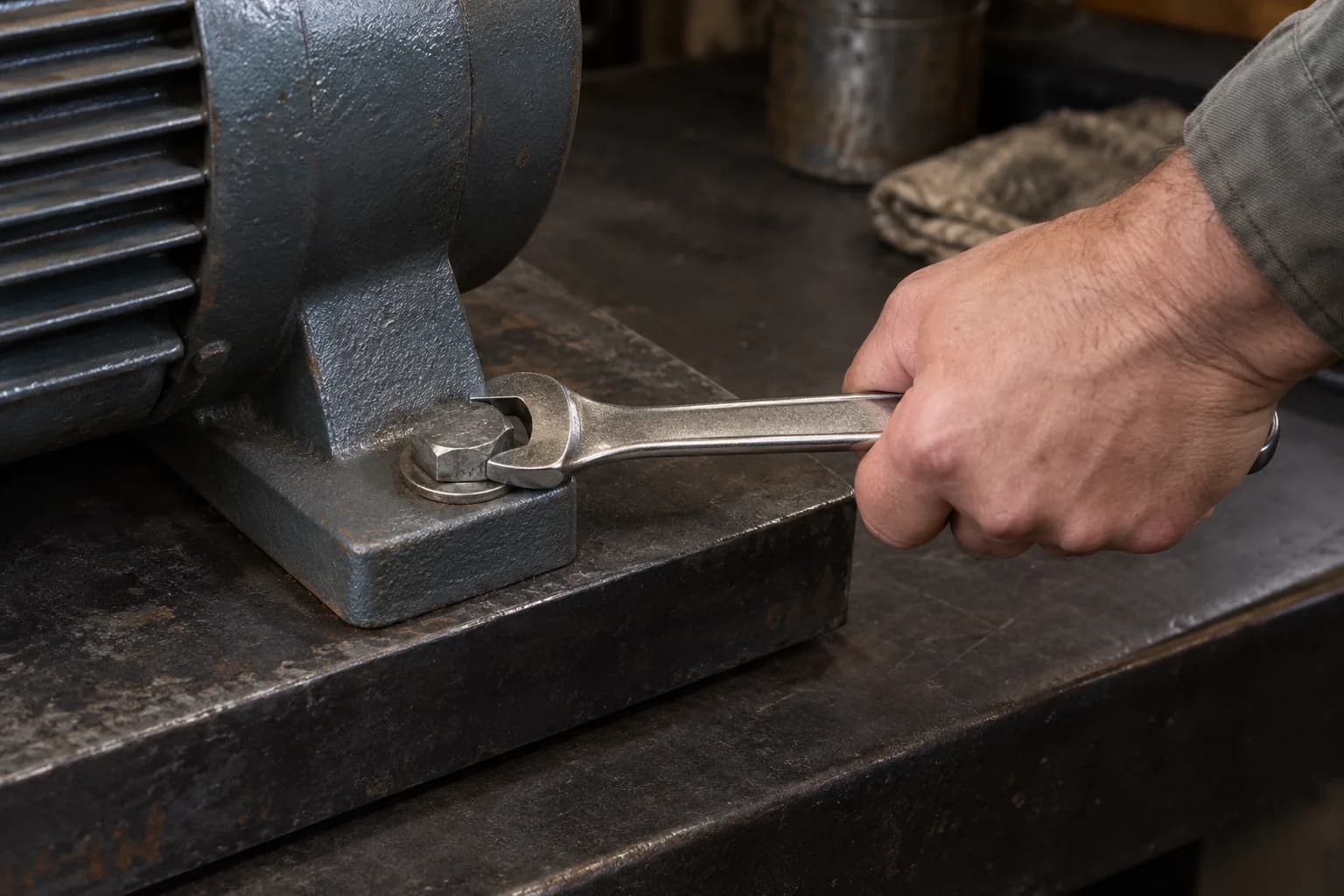 Hand tightening a hex bolt on a finned electric motor's cast foot with an open-end wrench, on a dark steel bench