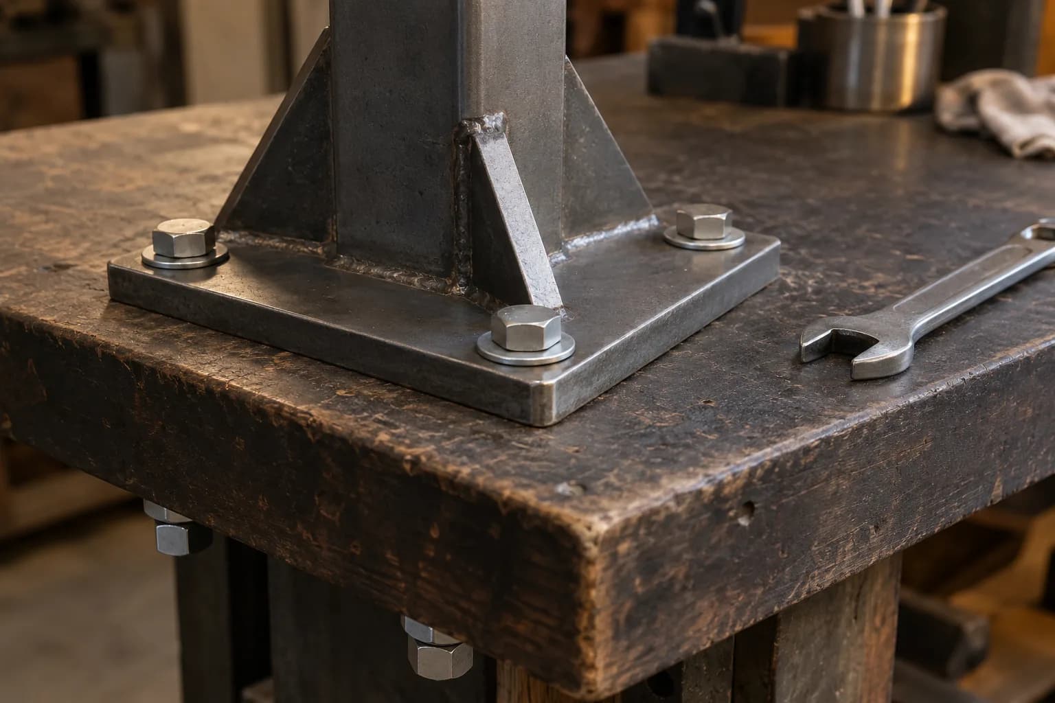 Welded steel base plate with gussets bolted down on washers to a thick scarred workshop bench, with an open-end wrench nearby.