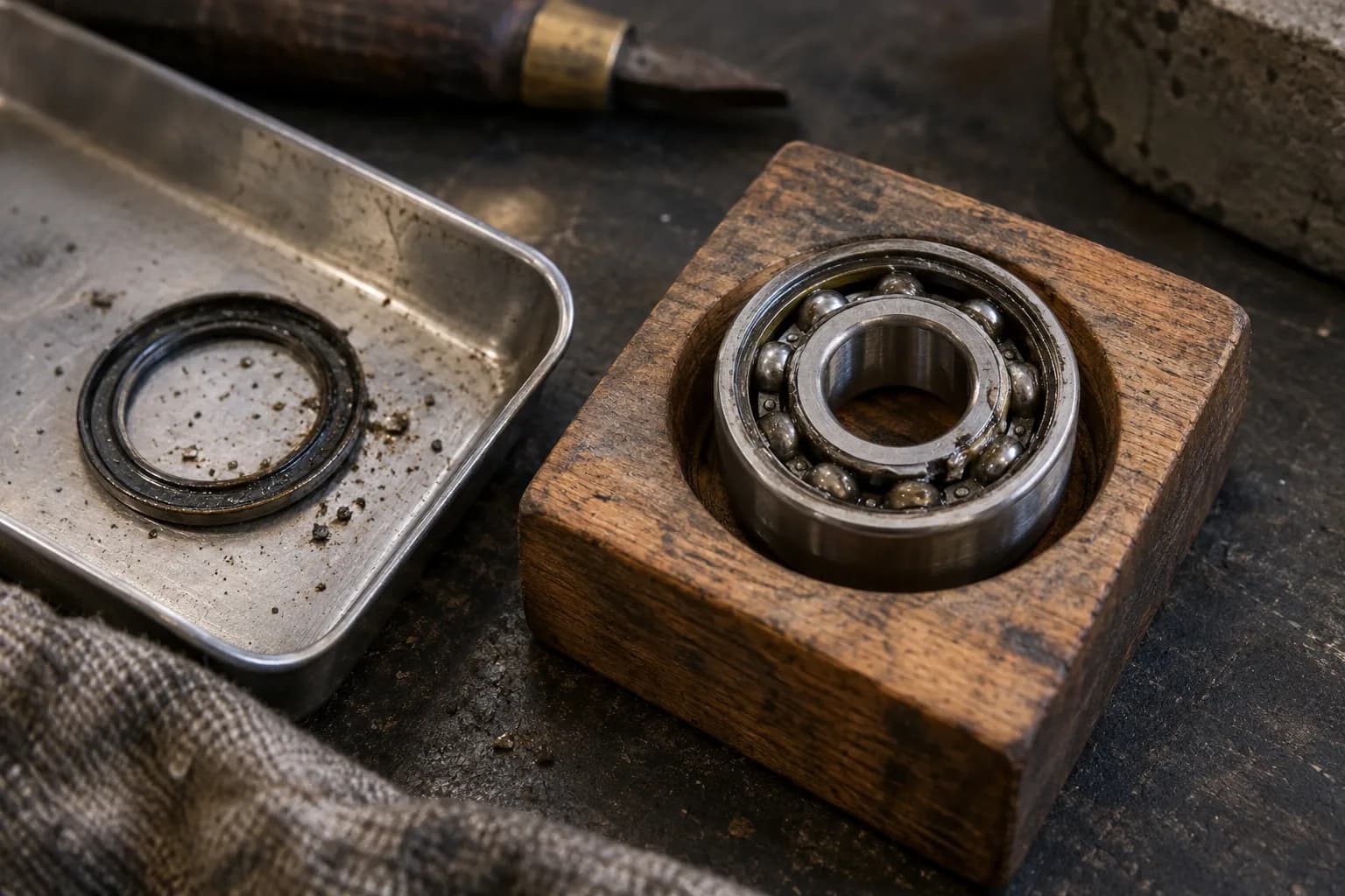 Open ball bearing with a chipped inner race in a wooden block, its rubber seal and grit in a steel tray beside it