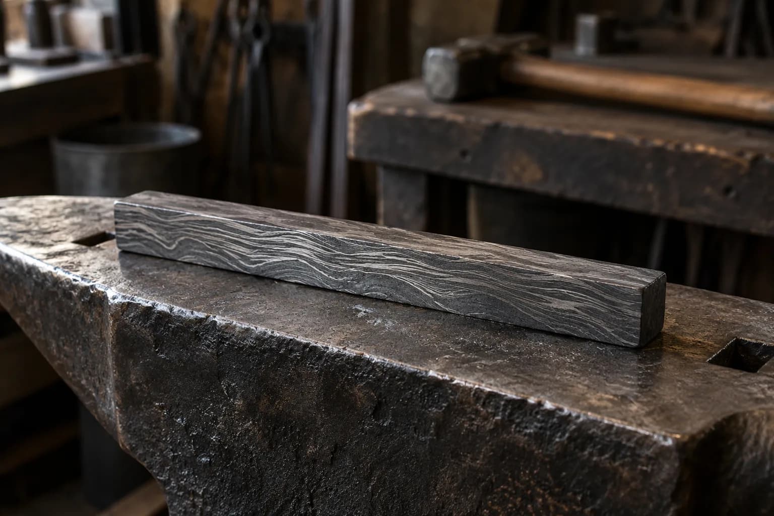 Etched pattern-welded steel bar lying on a worn anvil face, with a hammer resting on a bench behind it.