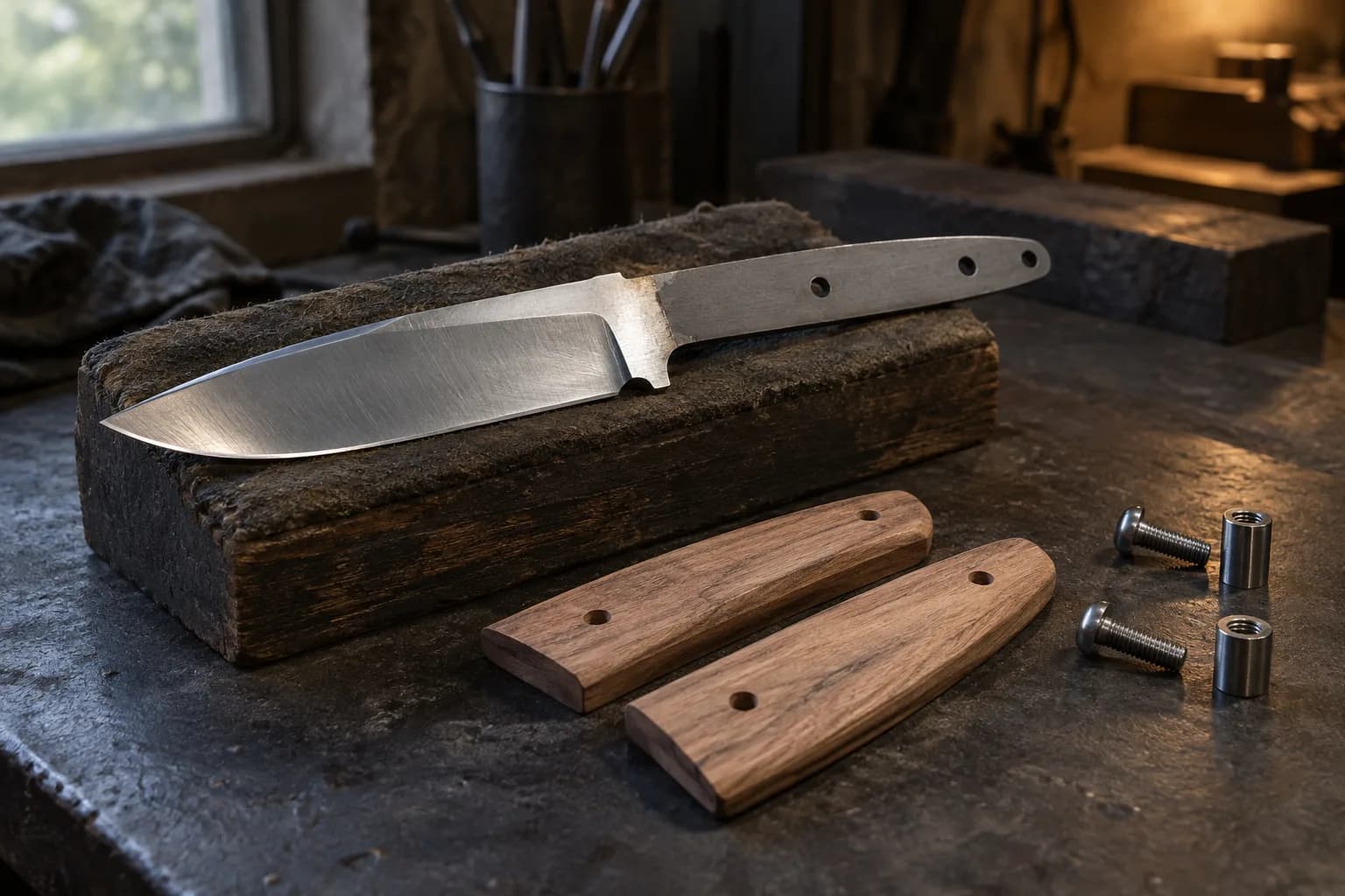 Drop-point hunter blank with a tapered full tang on a felt block, beside two wood scales and two screw-and-barrel fasteners.