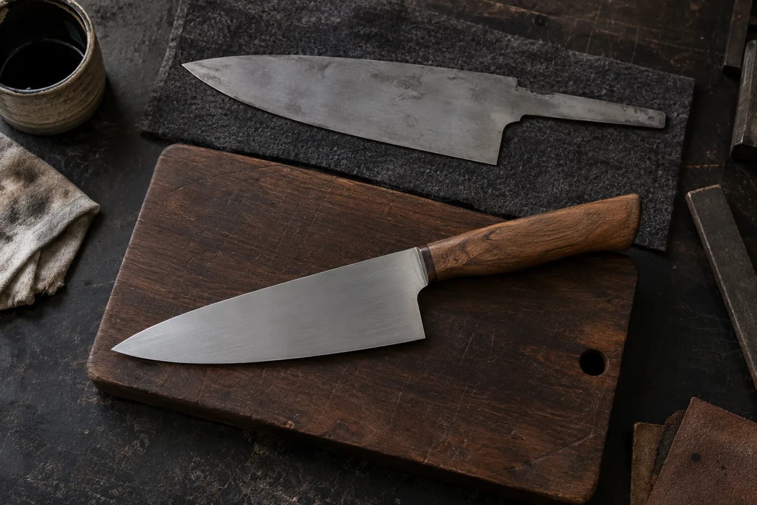 Handmade chef's knife with a wood handle on a dark cutting board, with a kitchen blade blank on felt behind it.