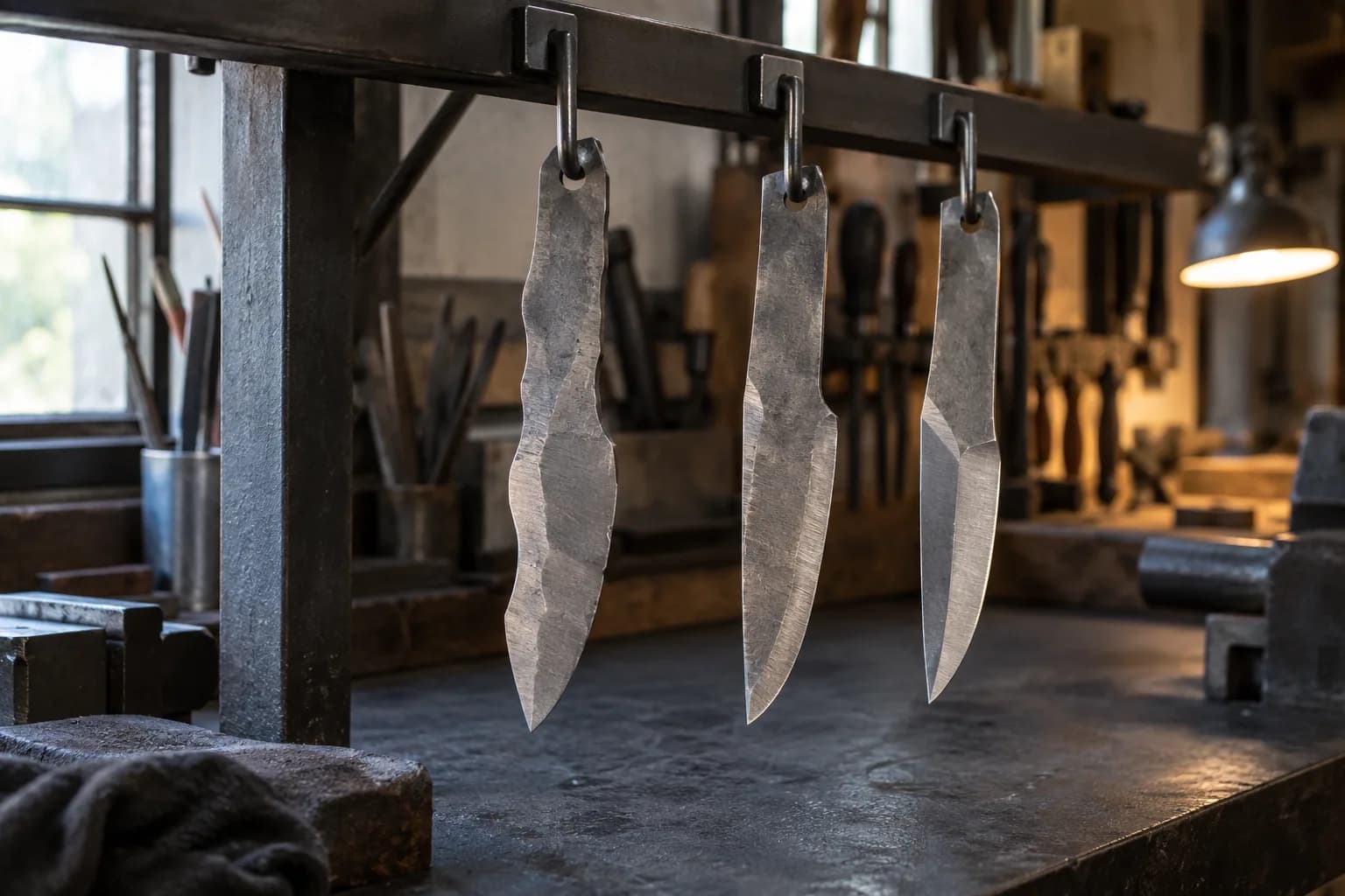 Three unsharpened practice knife blanks hang by tang holes from hooks, their profiles and bevels growing cleaner left to right.