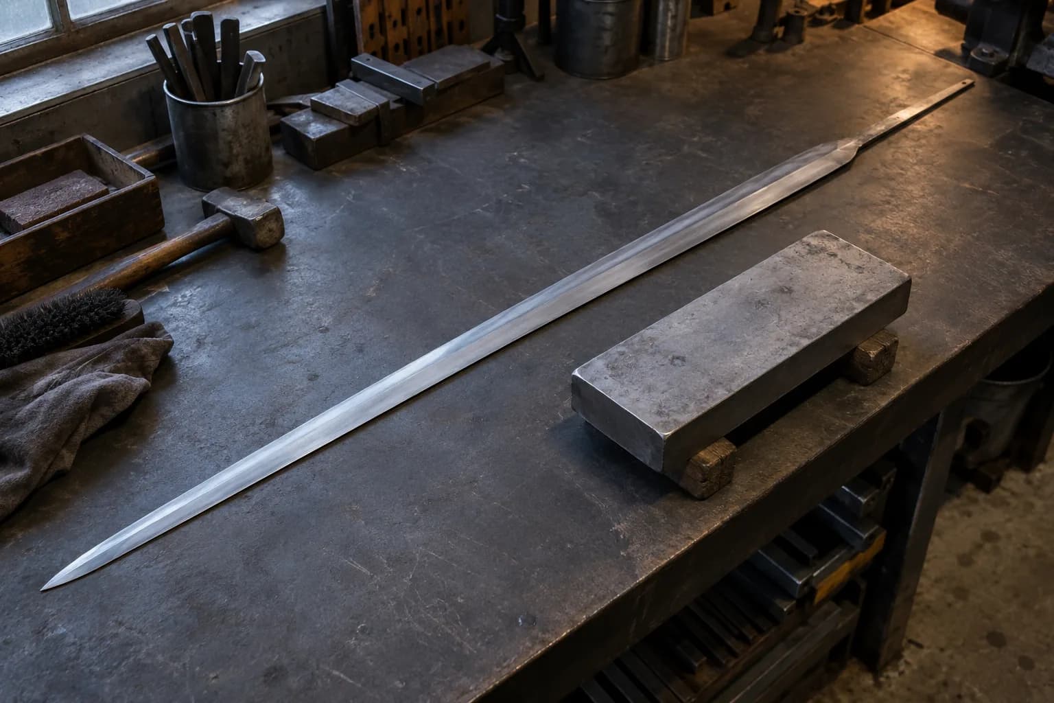 Long slender sword blank on a dark steel bench beside a thick steel slab resting on wooden blocks