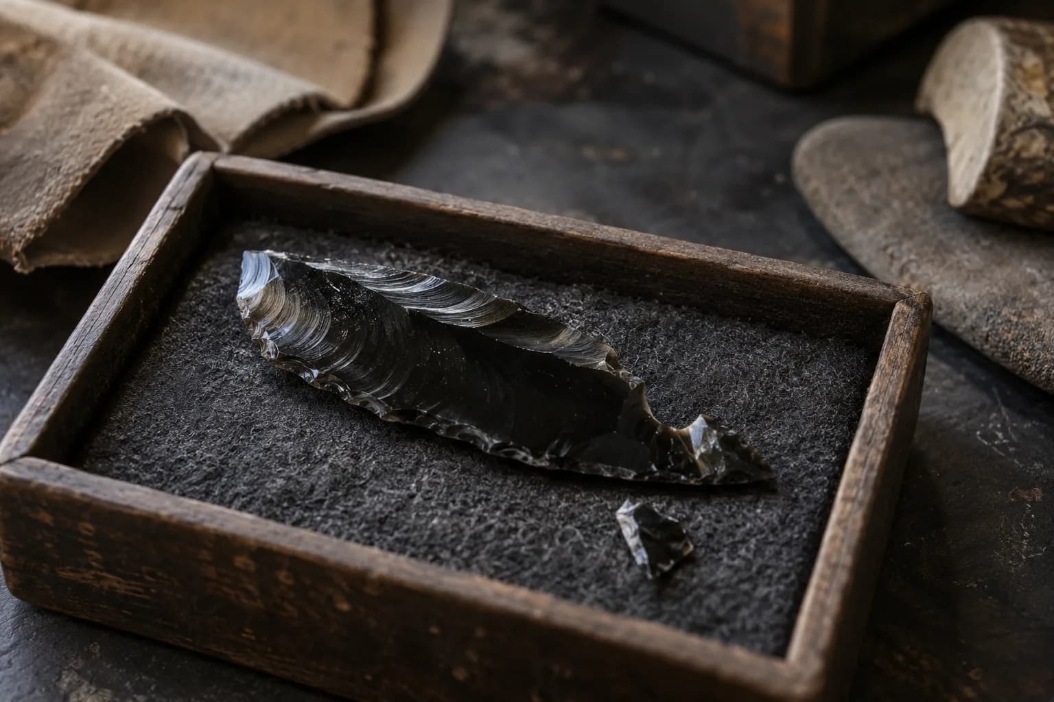 Dark glassy obsidian blade with a chipped edge on black felt in a worn wooden tray, a small broken chip beside it.