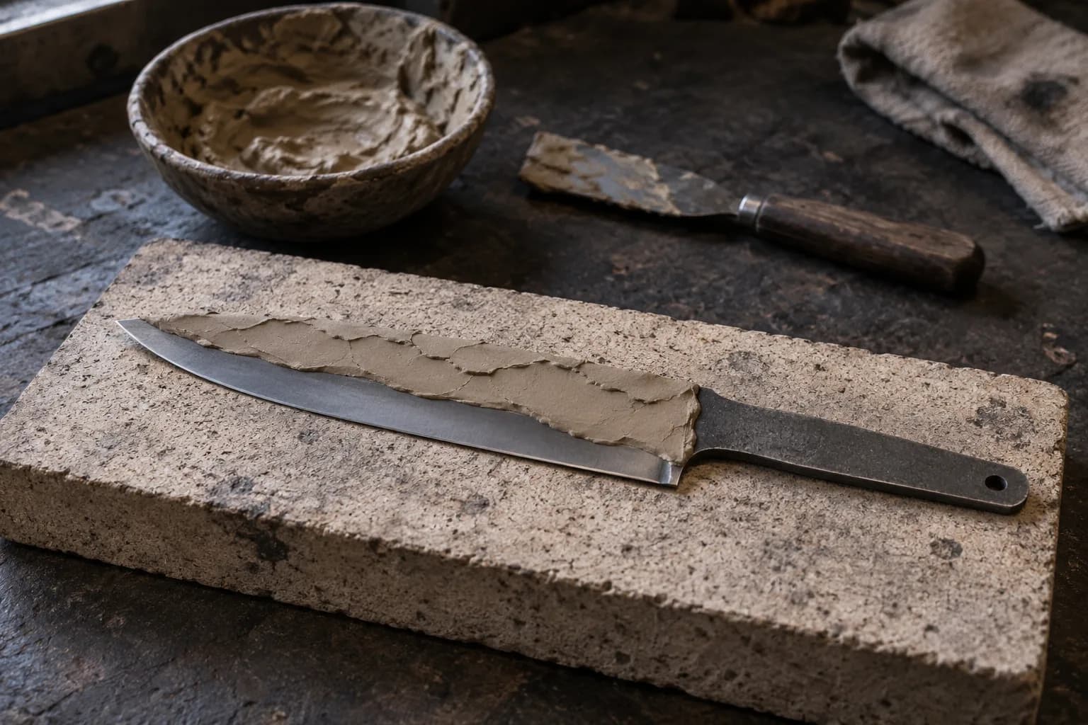 Plain steel blade blank with a cracked clay coat along the spine on a refractory brick, with a clay bowl and spatula behind.