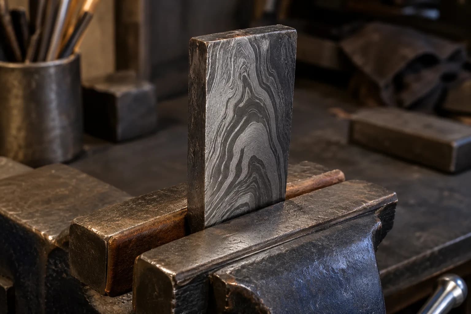 Pattern-welded steel bar standing upright in a vise, its polished face showing flowing dark and bright bands.