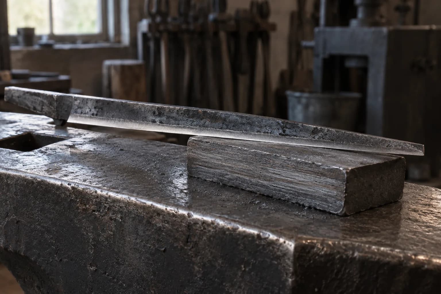Long thin hot-cut cutter resting across a cold layered billet on a worn anvil face in a dim forge shop.