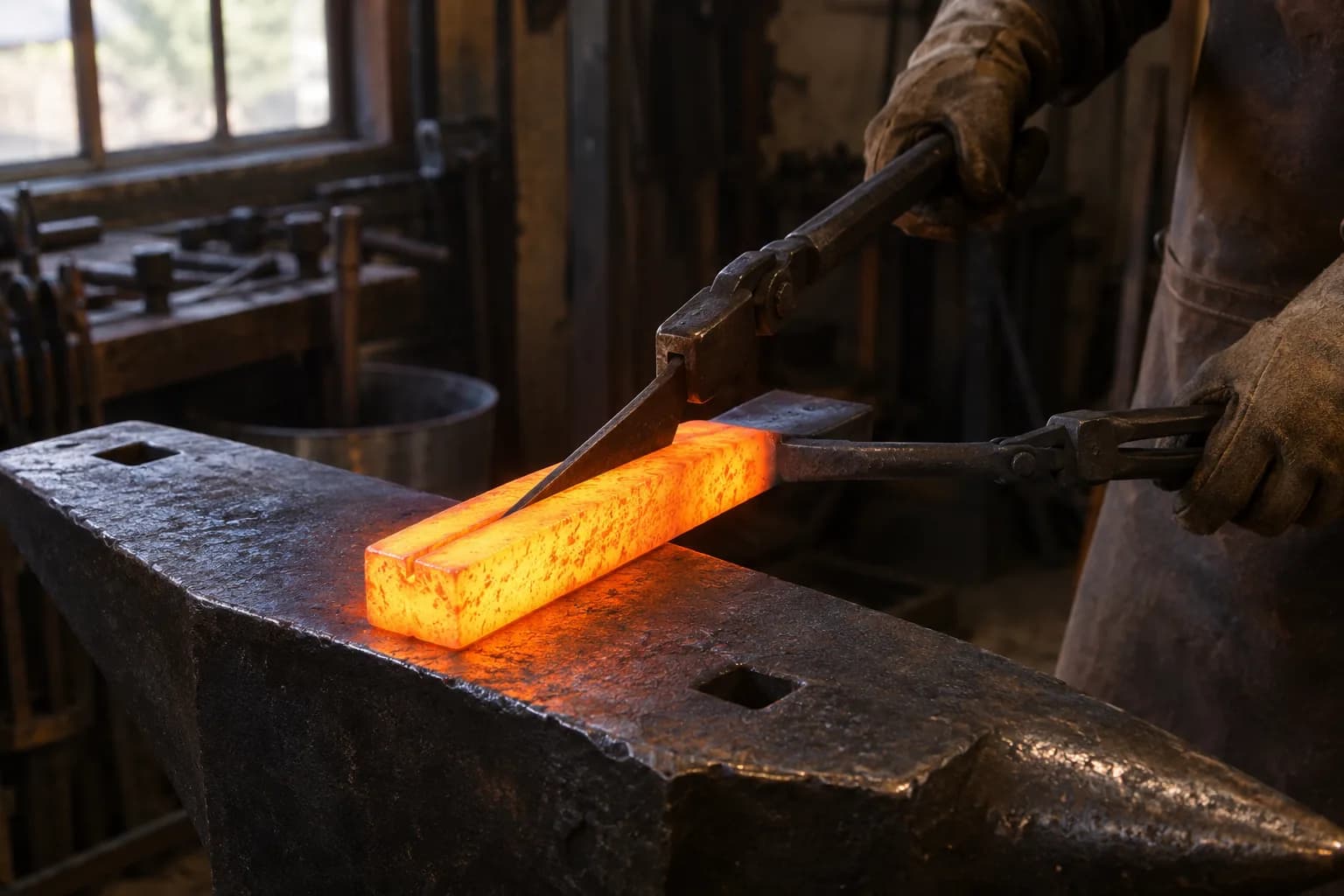 Glowing yellow-orange billet on an anvil held in tongs, with a thin cutter in a shallow centered split.