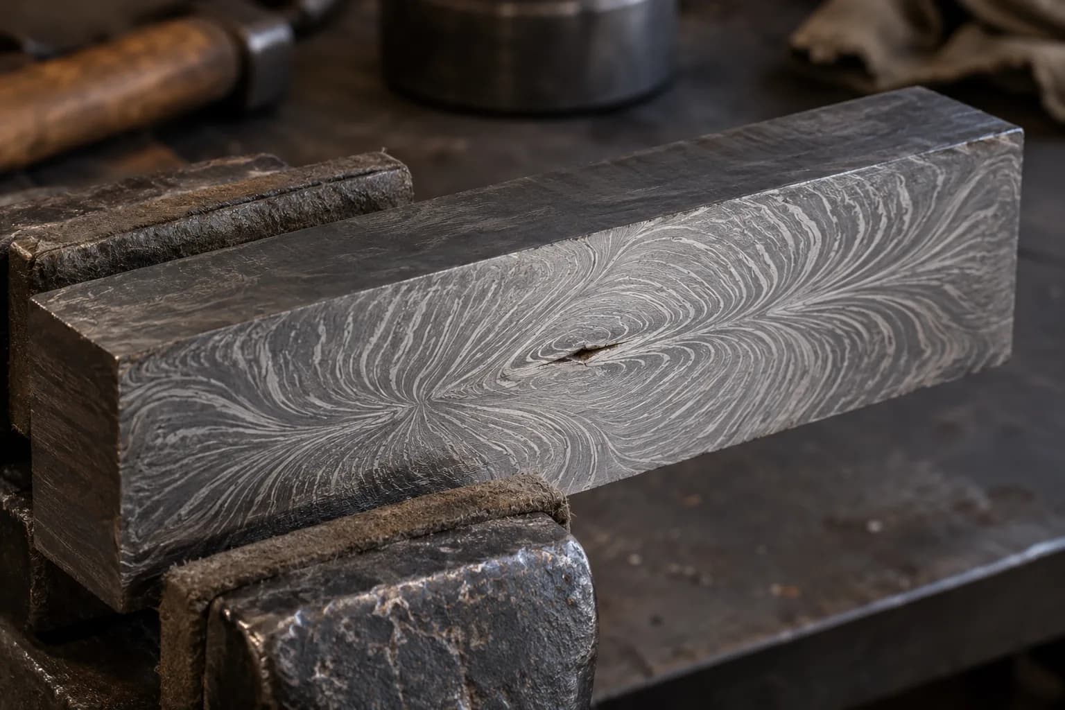 Cold etched feather billet clamped in a padded vise with a small open dark seam at the center of its patterned face.