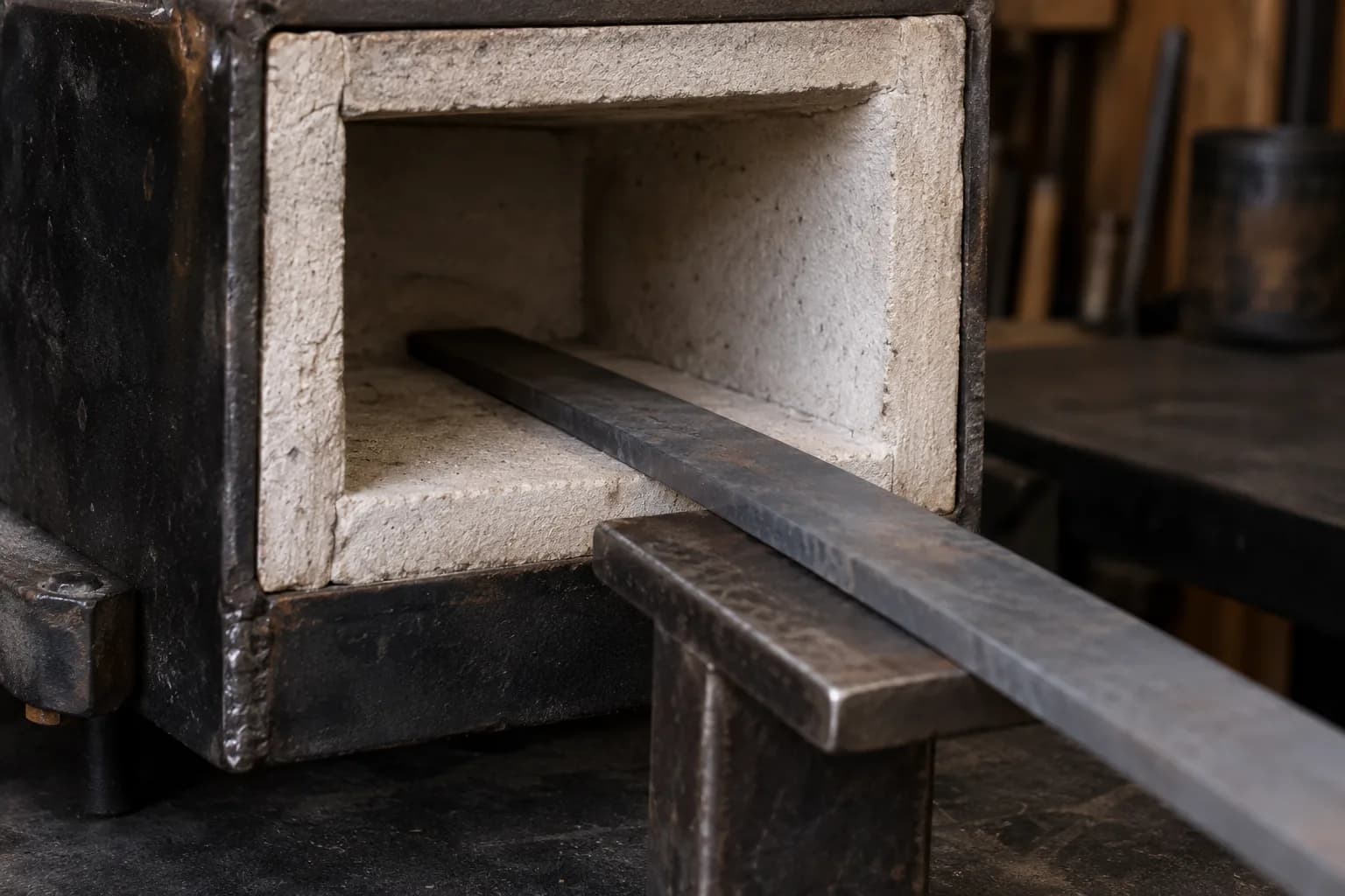 Cold knife bar lying across the hearth of a small refractory-lined forge chamber, resting on a steel support stand.