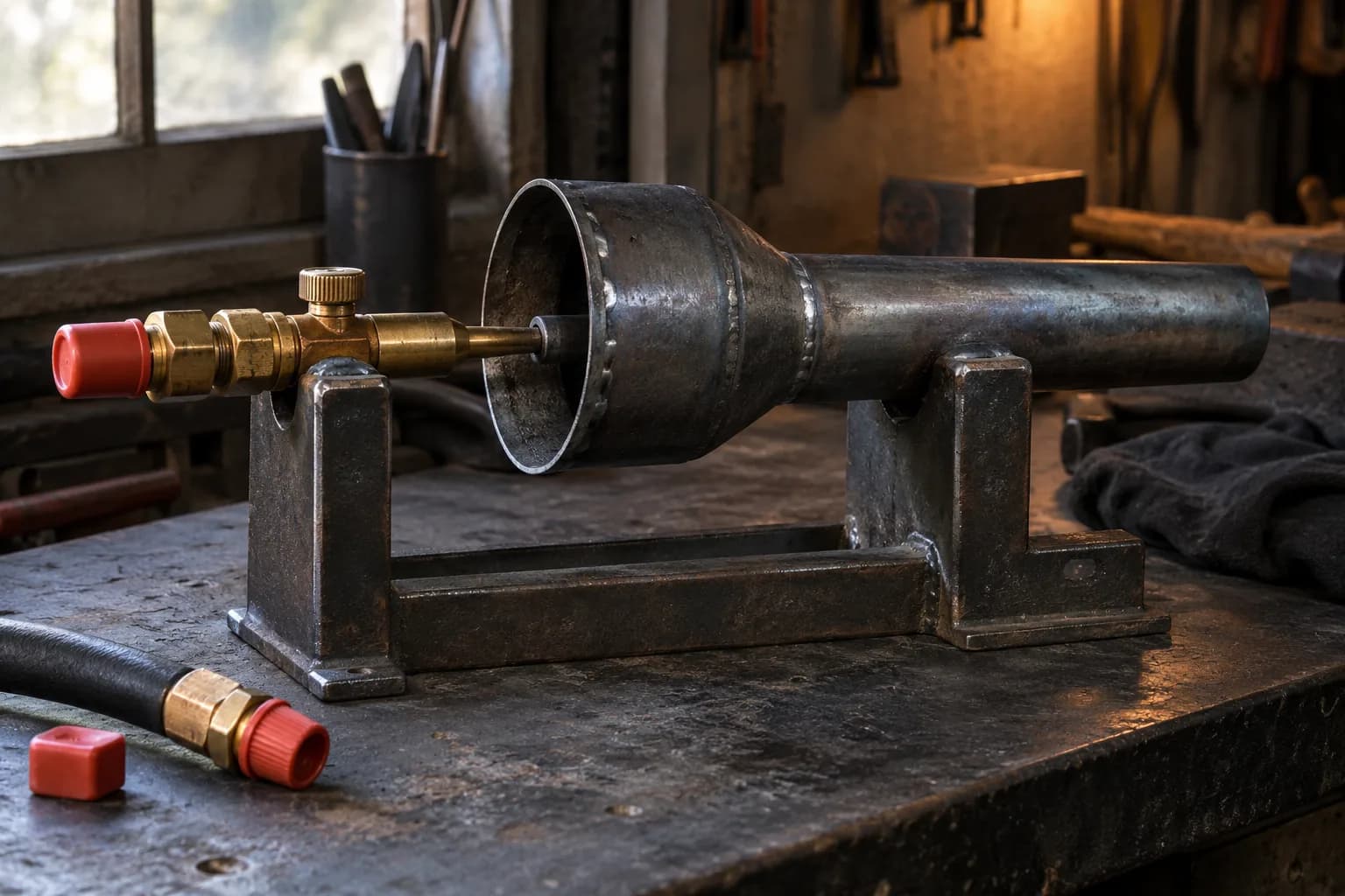 Brass gas nozzle aimed into the open bell air intake of a welded burner on a steel cradle, capped hose beside it