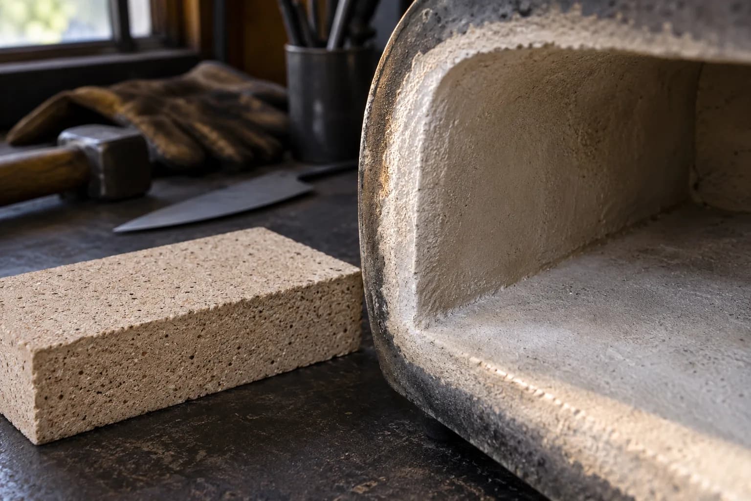 Close view of a smooth coated forge liner rim beside a pitted tan firebrick sample on a dark shop bench.