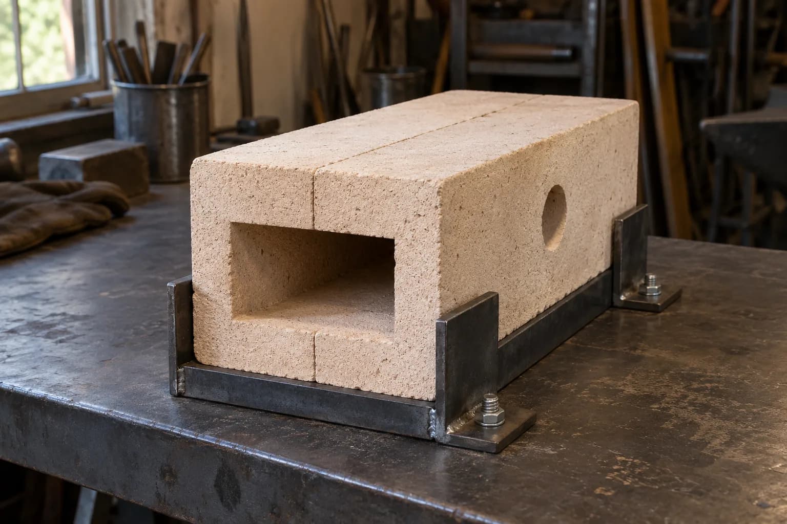 Two firebricks paired lengthwise in a steel angle cradle bolted to a steel bench, with an empty chamber opening and side port.