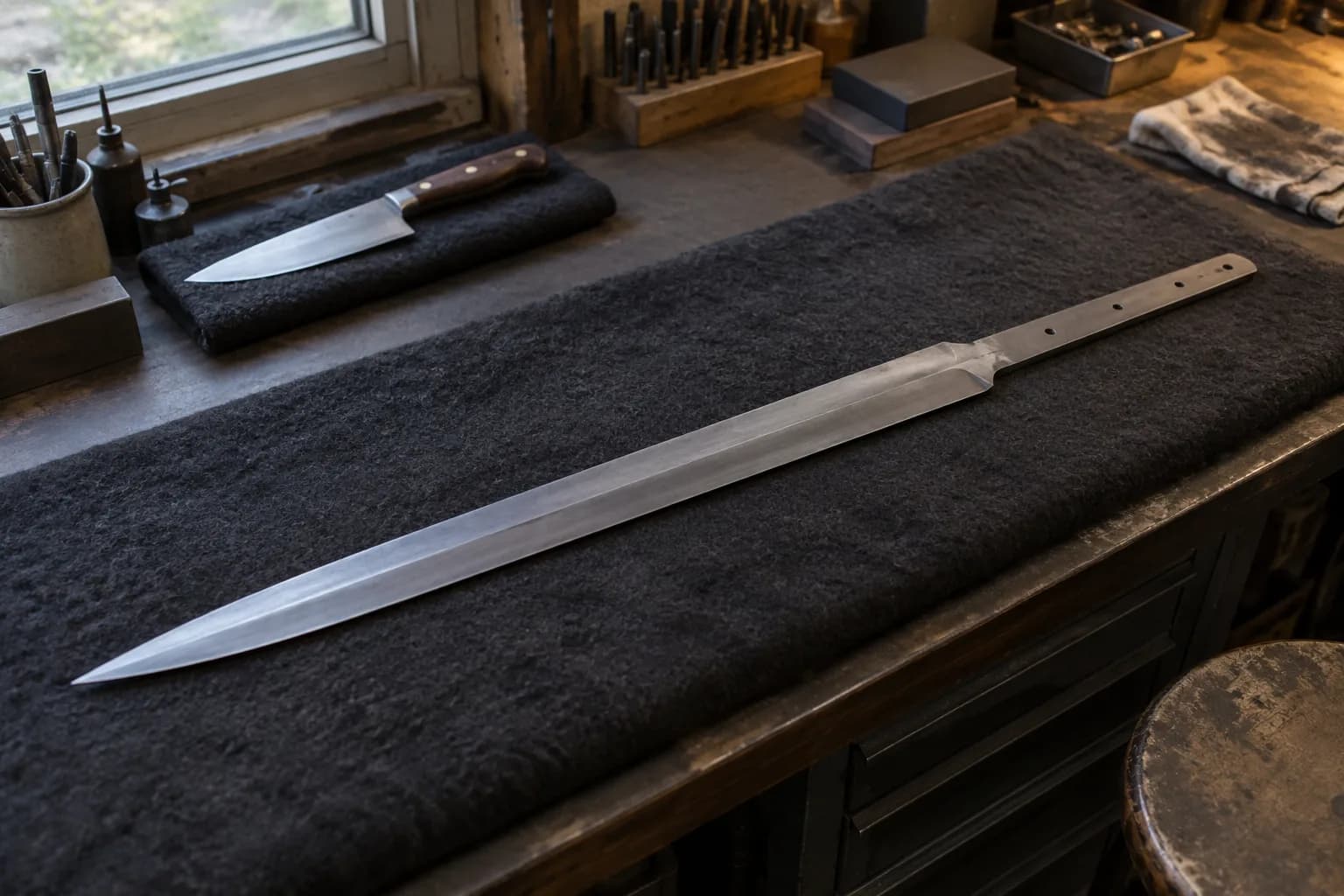 Plain gray shortsword blank with a flat holed tang lying on a black padded bench, a kitchen knife on a pad behind it.