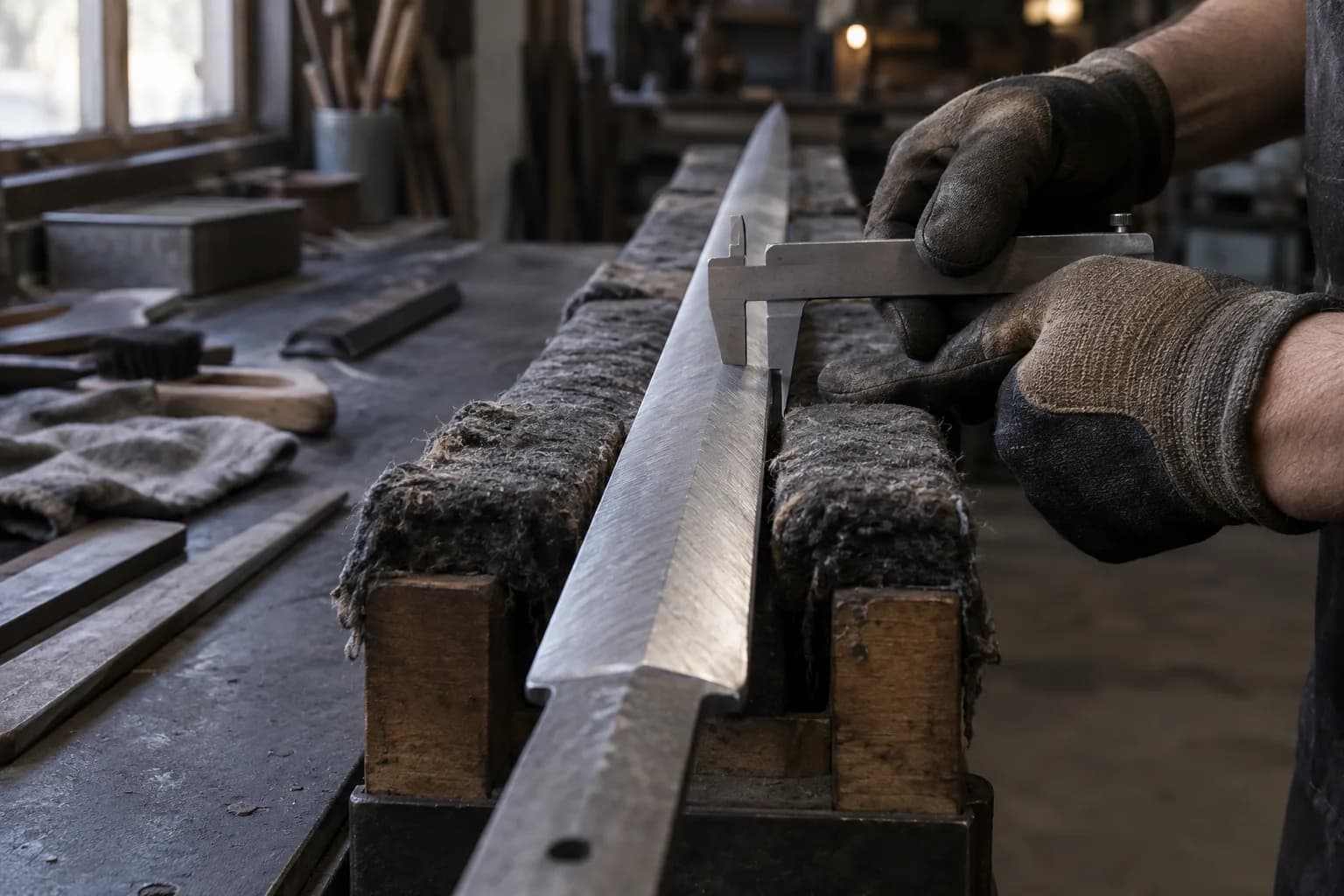 Gloved hands hold a caliper across a long sword blank resting in a felt-padded wooden fixture on a dark shop bench.