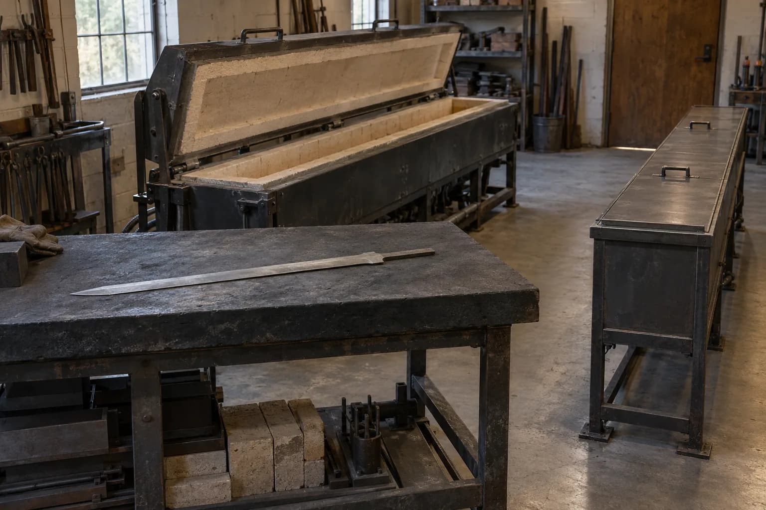 Cold sword blank on a steel bench beside a long open kiln and a closed full-length quench trough on a floor stand.
