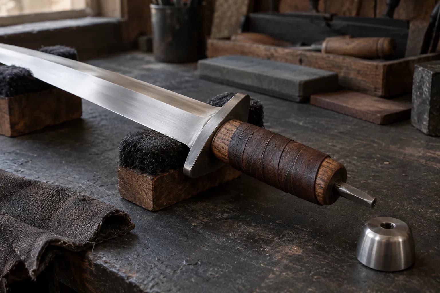 Short sword on padded cradles with fitted steel guard, leather-wrapped oak grip, threaded tang and a separate steel pommel on a dark bench.