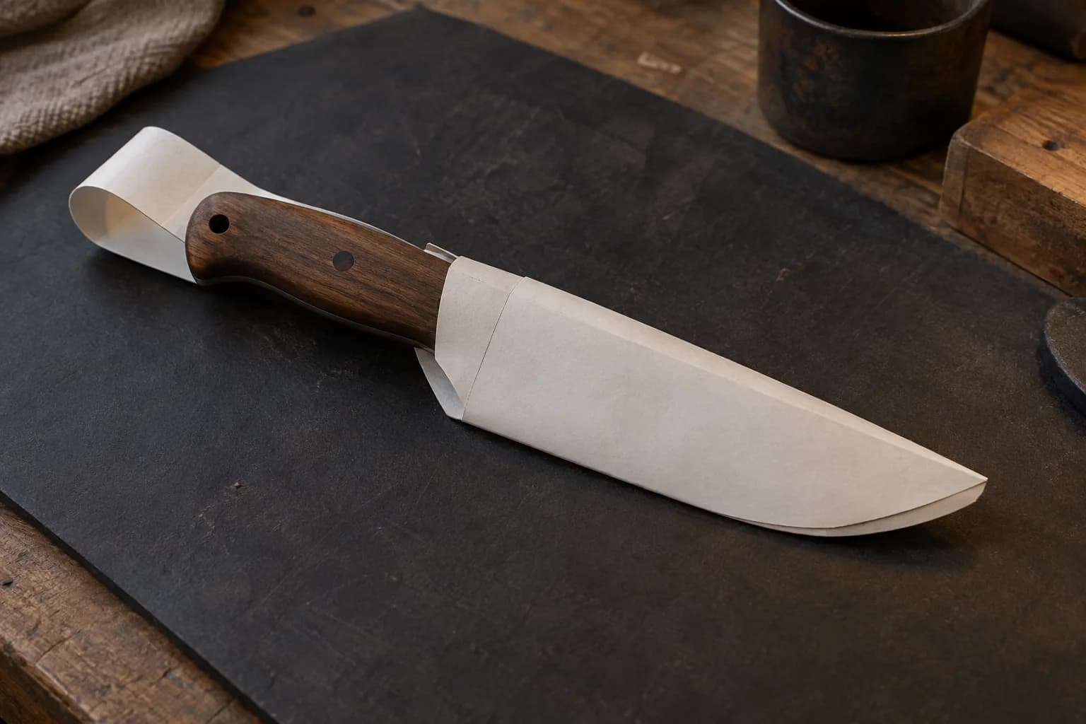 Paper sheath pattern folded around a wood-handled knife on a dark mat, handle exposed, with a paper loop behind it.