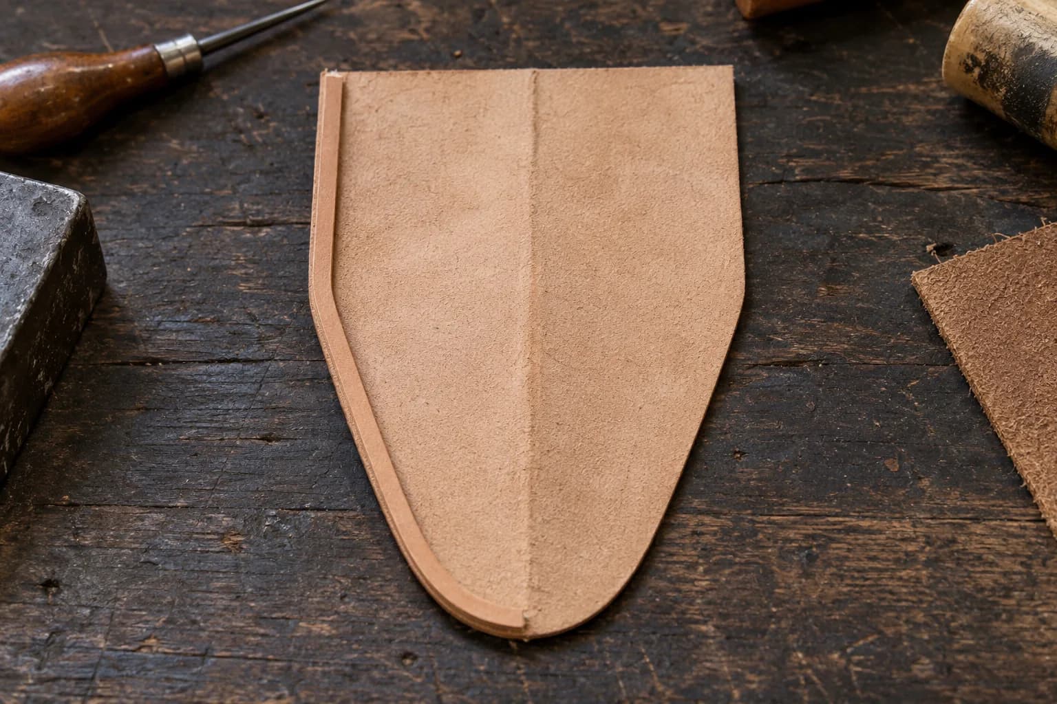 Open tan veg-tan fold-over sheath pattern flesh-side up with a leather welt glued along one outer edge, awl beside it