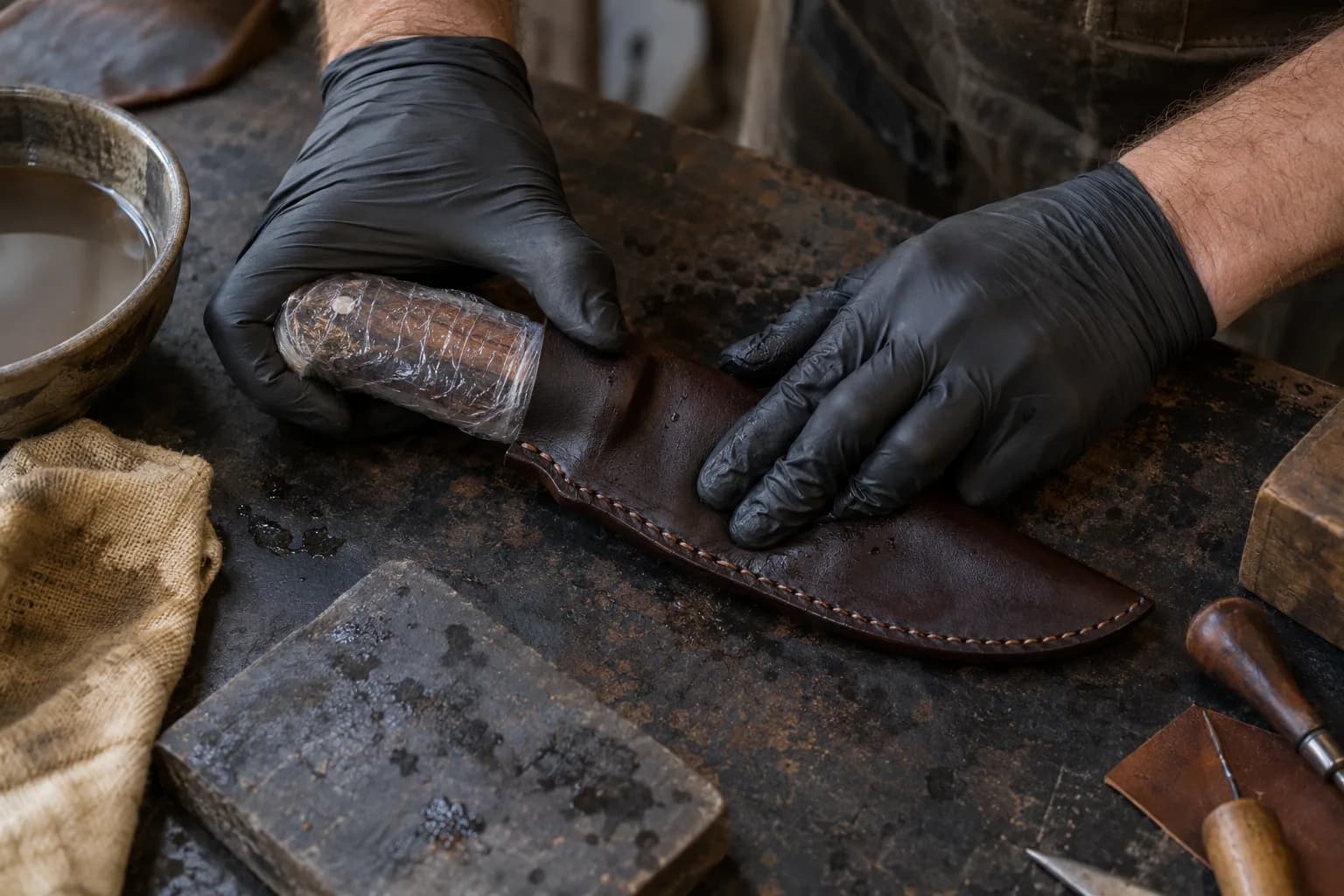 Gloved hands press a damp stitched leather sheath around a plastic-wrapped knife handle on a dark bench.