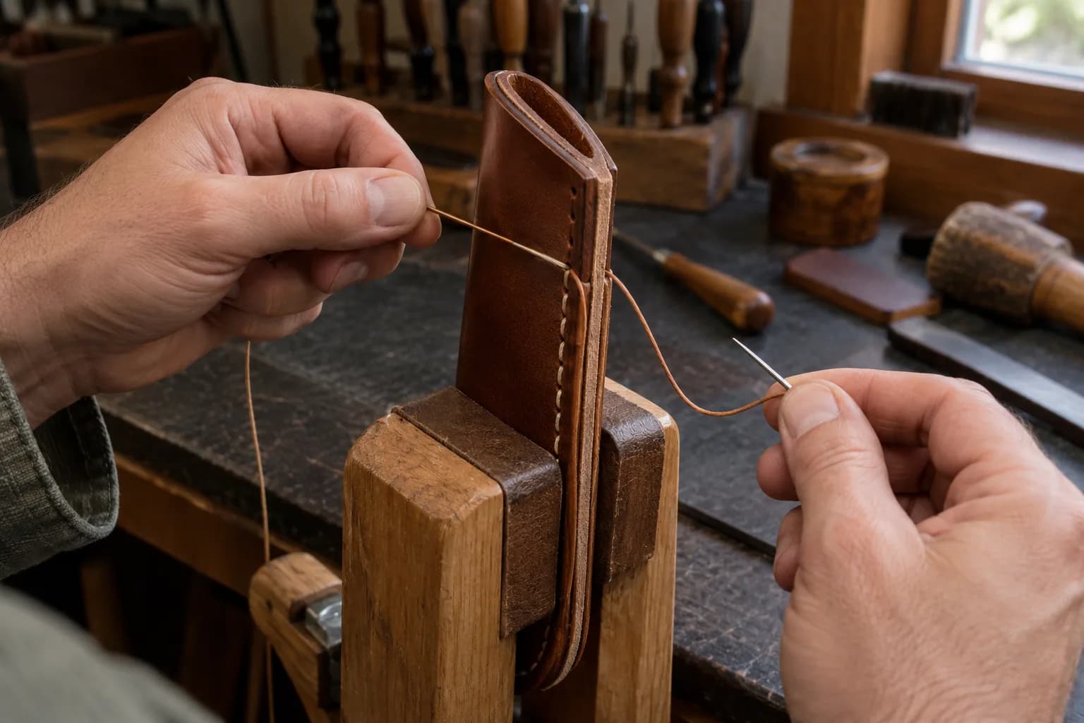 Two hands stitch a tan leather sheath held upright in a wooden stitching pony, a needle in each hand on one waxed thread