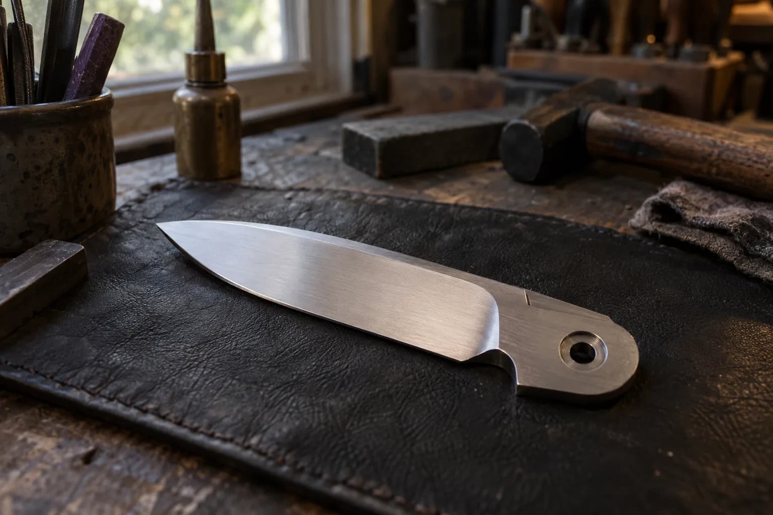 Loose folding-knife blade on a dark leather pad with a rounded tail, counterbored pivot hole and polished flat.