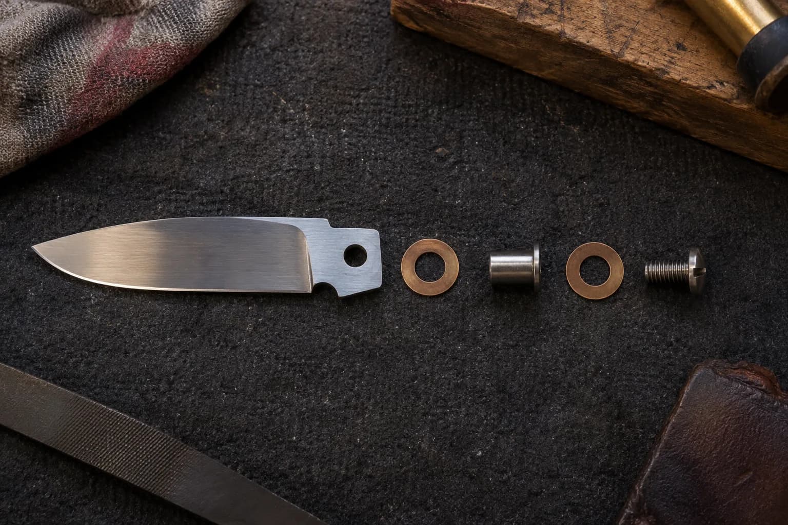 Folding-knife blade with pivot hole, two bronze washers, a flanged barrel and a slotted screw in a row on a charcoal pad.
