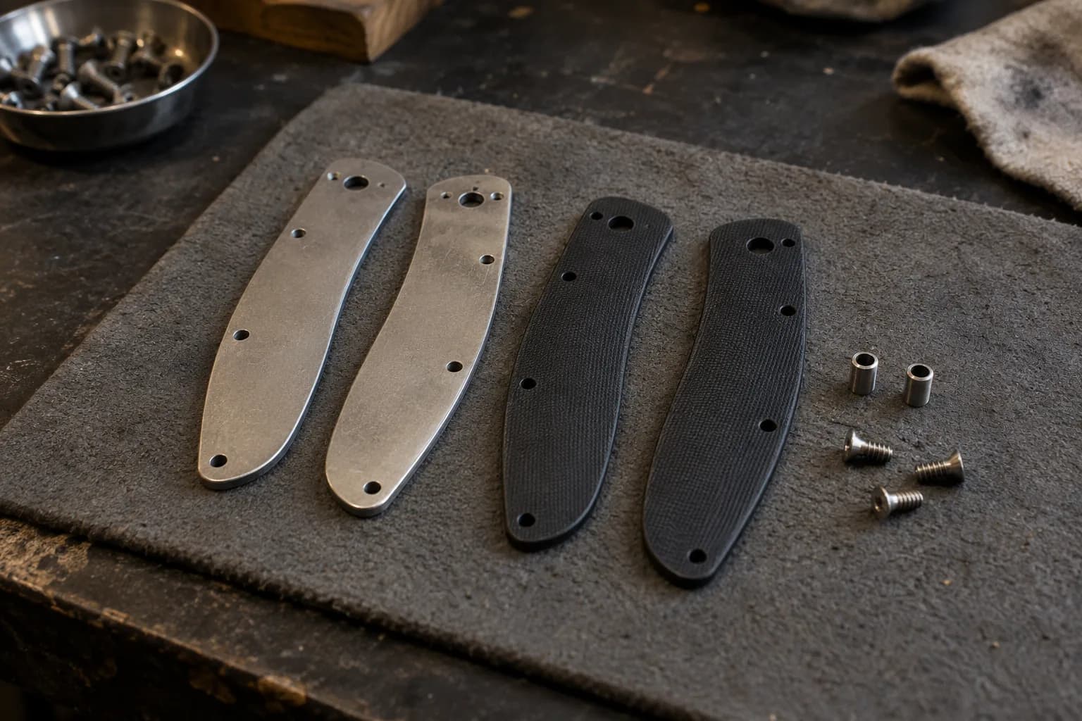 Two steel handle liners, two black textured scales, two standoffs and three screws laid out on a gray felt mat