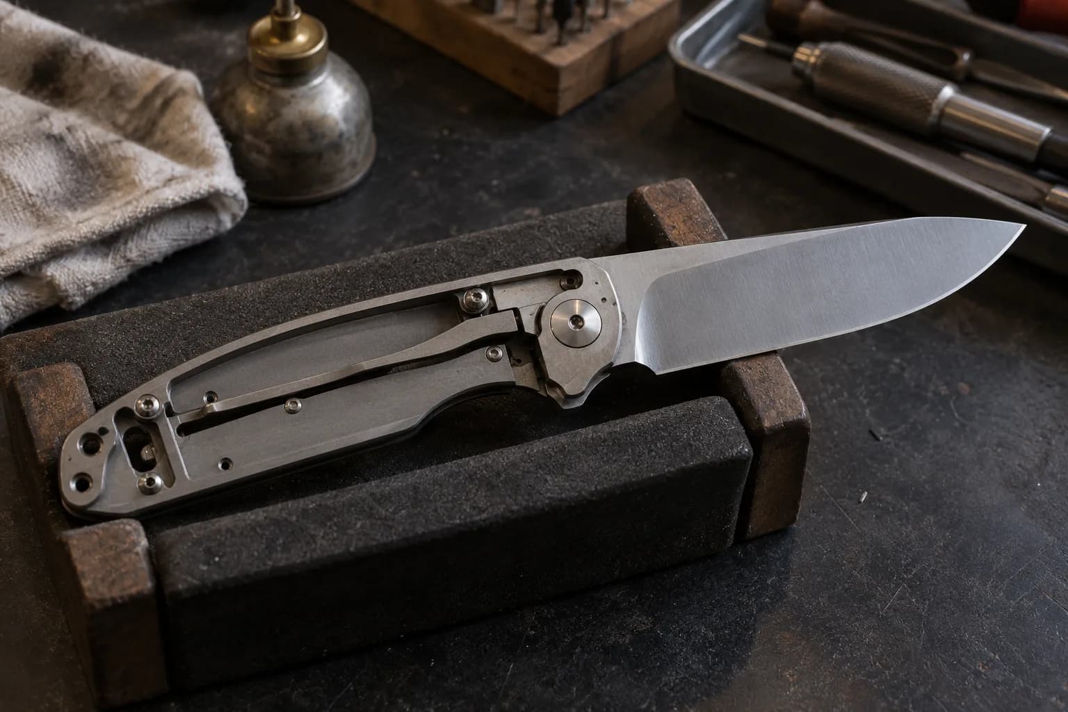 Open folding knife with one scale removed, showing the liner lockbar and pivot, resting in a padded bench cradle
