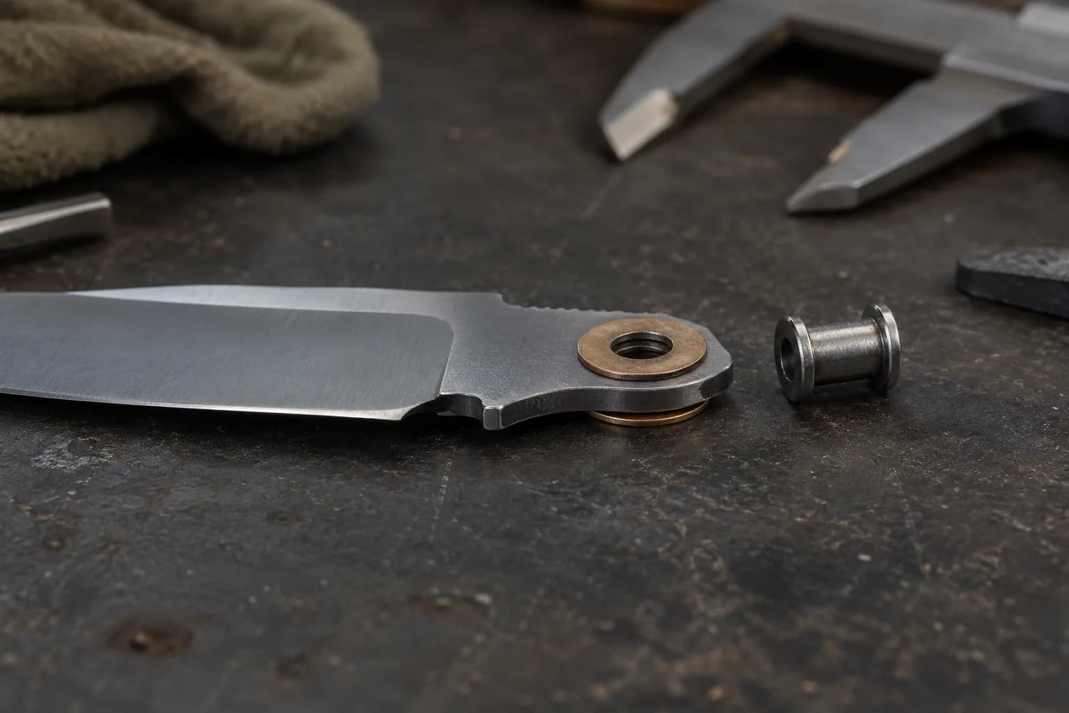 Folder blade tang with a brass washer on top and one beneath, pivot barrel on its side beside it, calipers behind.