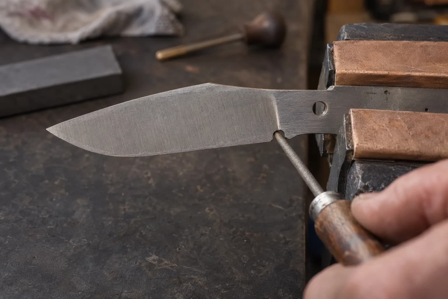 Hand using a small round file in the sharpening choil of a folder blade clamped by its tang in copper vise jaws