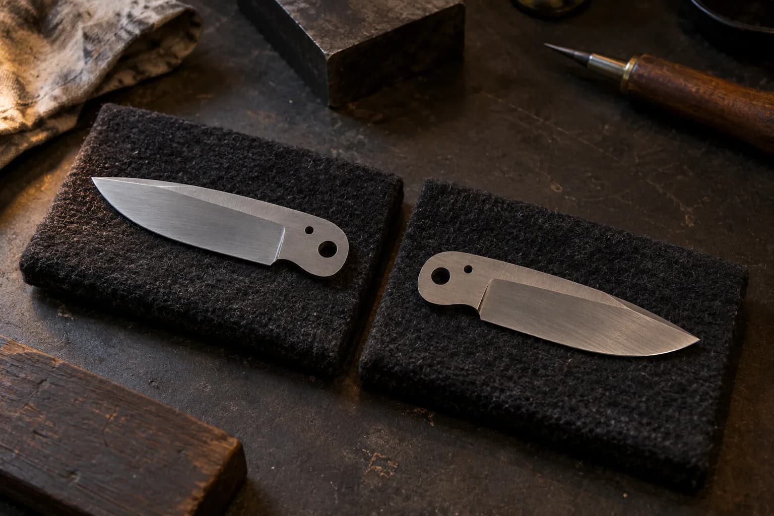 Two matching folder blade blanks on black felt pads, one tip left and one tip right, plunge lines clear of the pivot holes