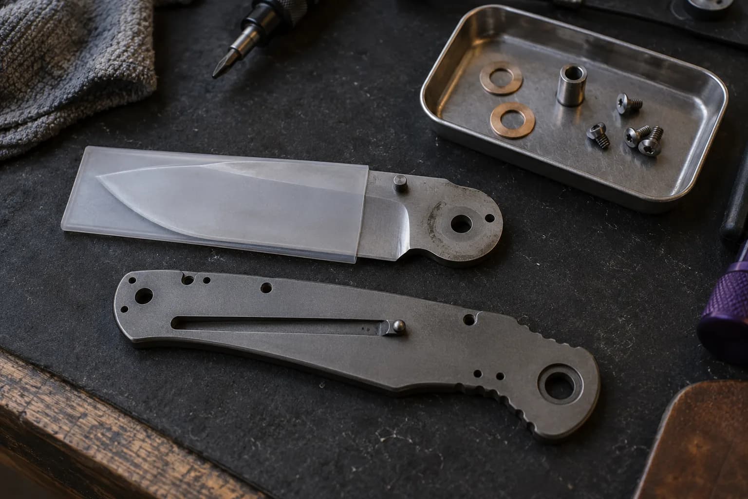 Folder blade tang with a curved gray wear arc and small hole beside a slotted liner with a ball on its lockbar tip.