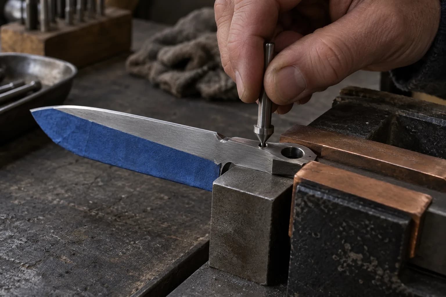 Hand twisting a countersink onto the small detent hole of a taped folder blade tang held in copper vise jaws.