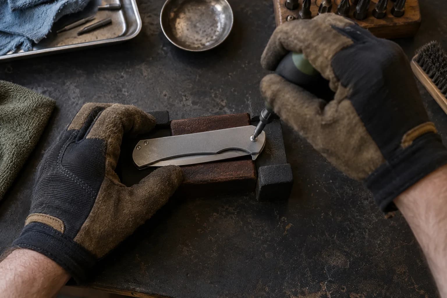 Gloved hands steady a closed plain folding knife in a wooden cradle while a small driver turns its pivot screw.
