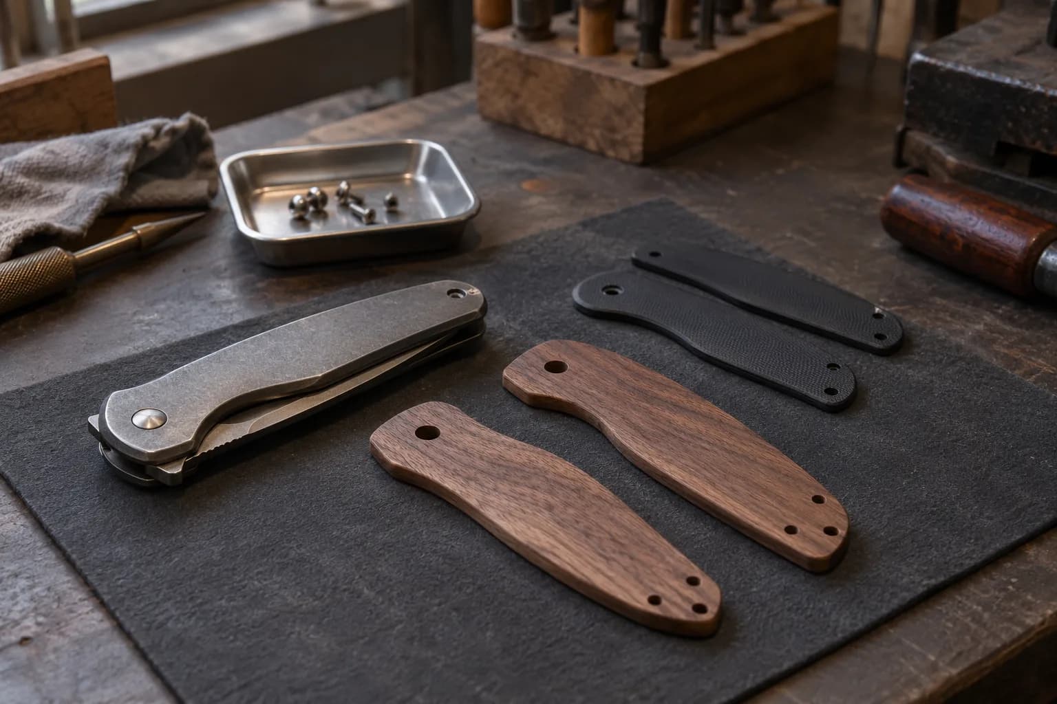 Closed plain folder chassis on a mat beside two walnut replacement scales, black polymer scales and a tray of screws.