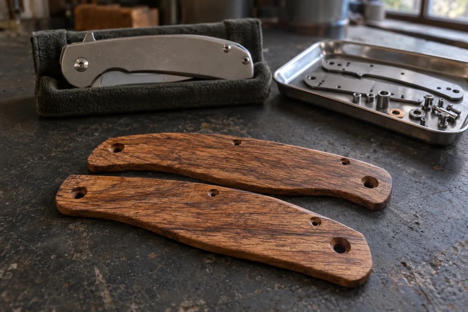 Closed folding knife in a felt cradle, a tray of liner plates and screws, and a pair of drilled wooden scales on a dark bench