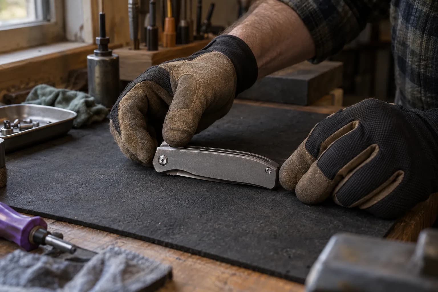 Gloved hands hold a closed folding knife flat on a dark bench mat, one thumb pressing at the pivot end of the handle.