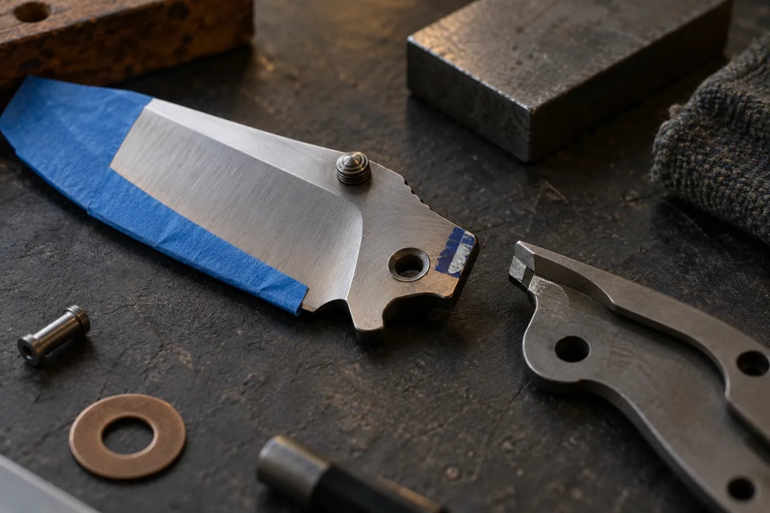 Disassembled folder parts on a dark bench: a blade with blue tape on the edge, a blued tang lock face and the liner beside it.