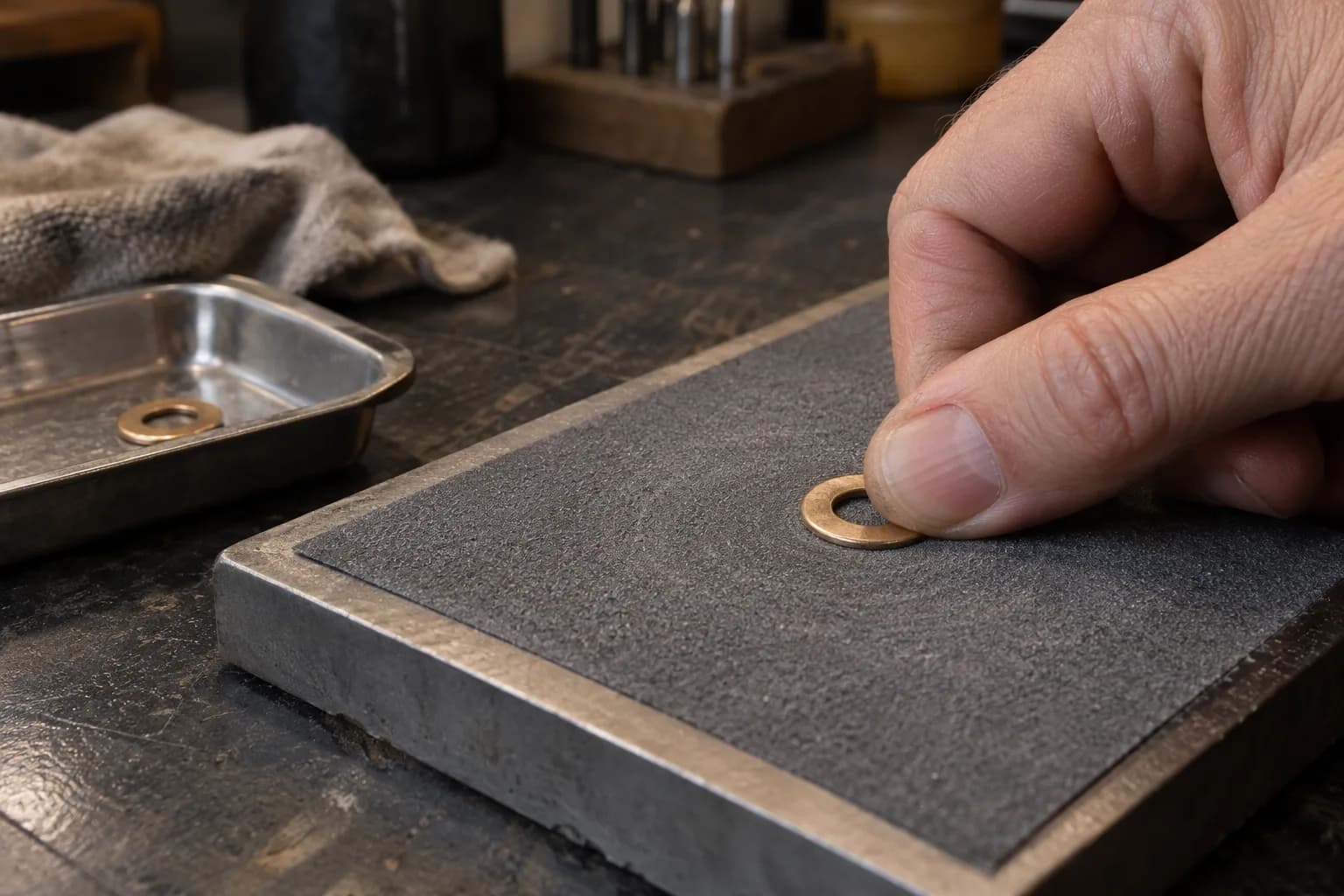 Thumb presses a bronze pivot washer flat on a gray abrasive sheet bonded to a steel plate, with a second washer in a tray.