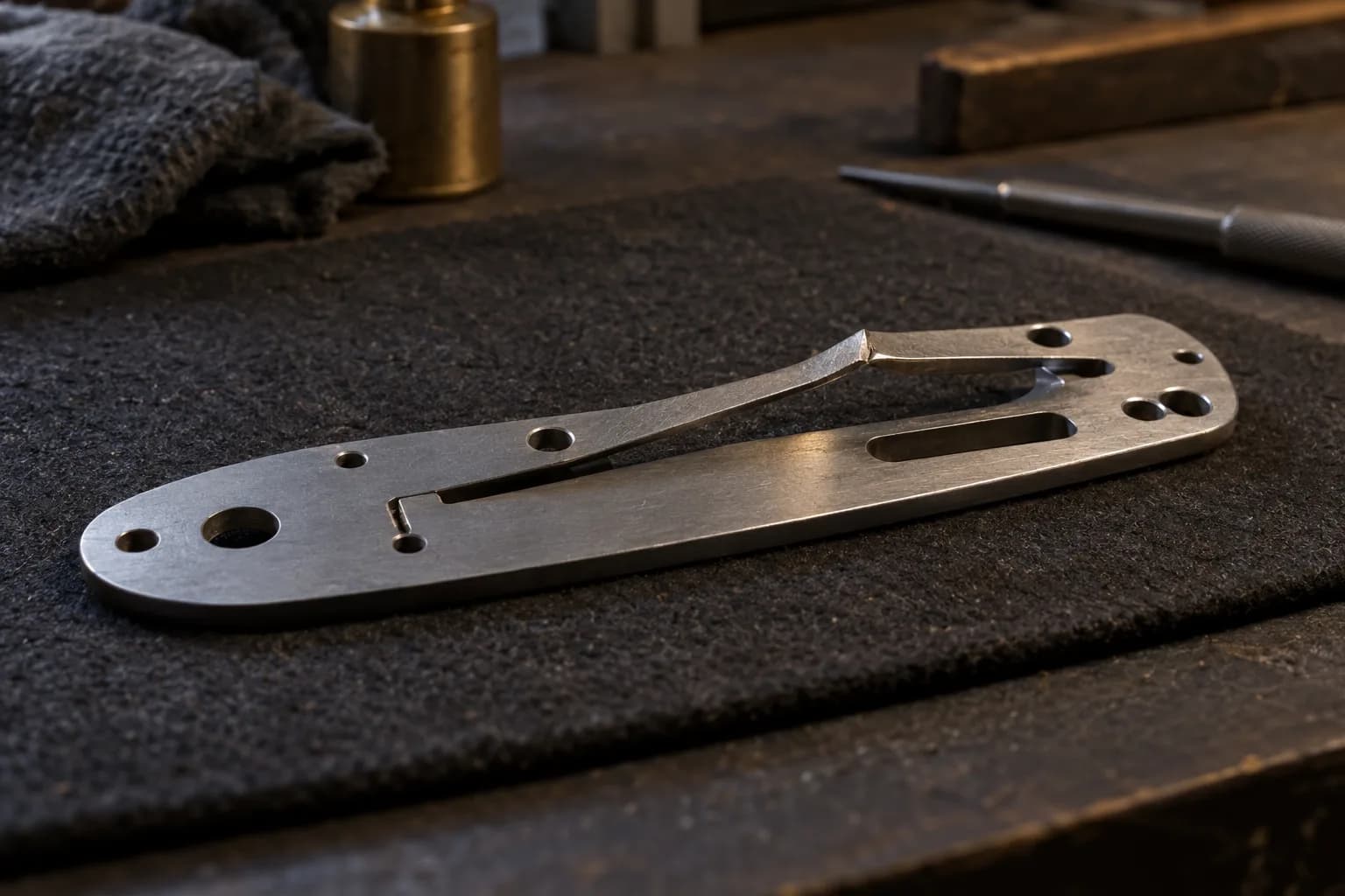 Detached steel folder liner on a dark padded mat, its lockbar lifted by a sharp permanent kink near the base.